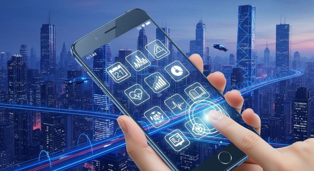 2026년 일상을 혁신할 AI 기반 갓성비 앱들이 스마트폰 화면에 펼쳐진 모습, 생산성과 편리함을 상징하는 아이콘들.